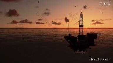 石油钻塔在海洋的时间流逝日出